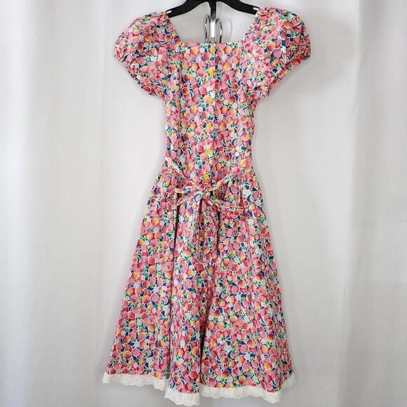 Vintage 80s Girls Dress Sz 10 Cherry Fruit Floral Prairie Cottagecore Pink Blue - Picture 3 of 4